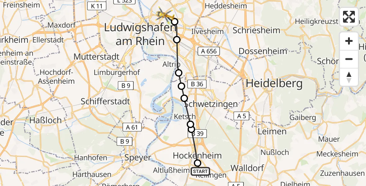 Flugroute Rettungshubschrauber Reilingen - Mannheim, 12 Mai 2026, 10:04