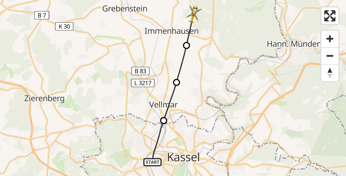 Flugroute Rettungshubschrauber Kassel - Immenhausen, 12 Mai 2026, 10:08