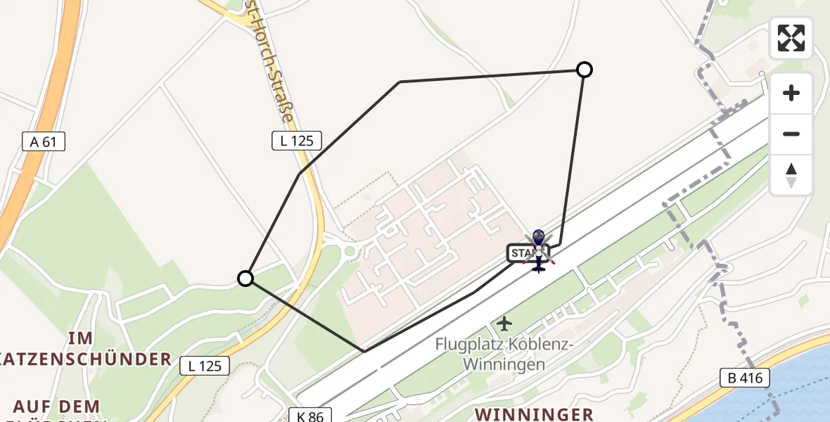 Flugroute Polizeihubschrauber Koblenz-Winningen Flugplatz - Koblenz-Winningen Flugplatz, 12 Mai 2026, 10:09