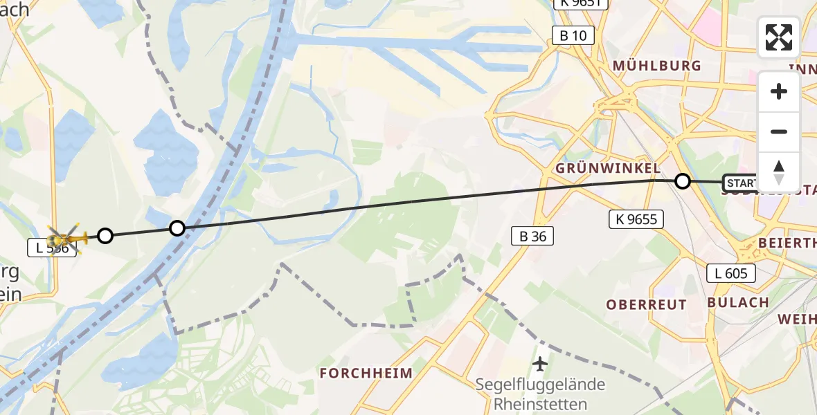 Flugroute Rettungshubschrauber Sankt Vincentius Hospital - Neuburg am Rhein, 12 Mai 2026, 10:09