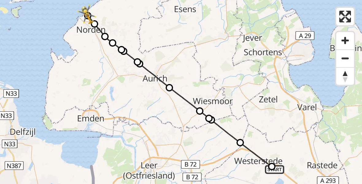 Flugroute Ambulanzhubschrauber Bad Zwischenahn - Norden-Norddeich Flughafen, 12 Mai 2026, 10:22