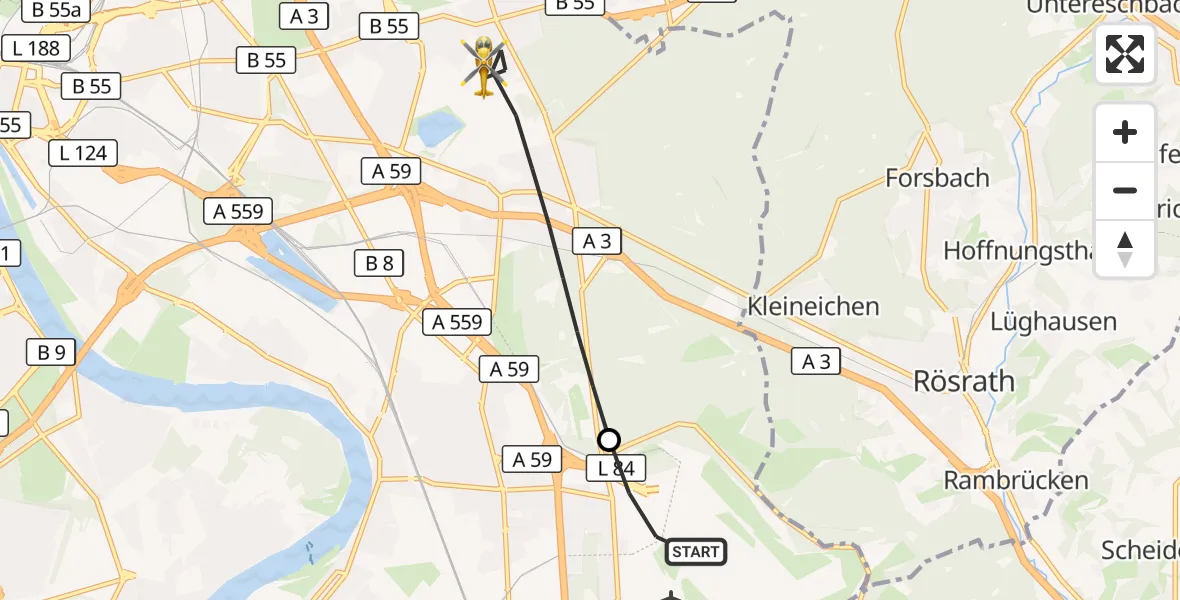 Flugroute Rettungshubschrauber Köln Bonn Flughafen - Köln, 12 Mai 2026, 10:24