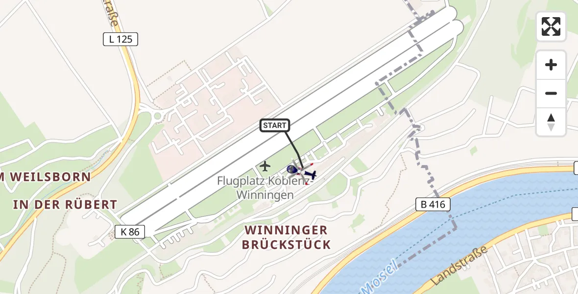 Flugroute Polizeihubschrauber Koblenz-Winningen Flugplatz - Koblenz-Winningen Flugplatz, 12 Mai 2026, 10:24