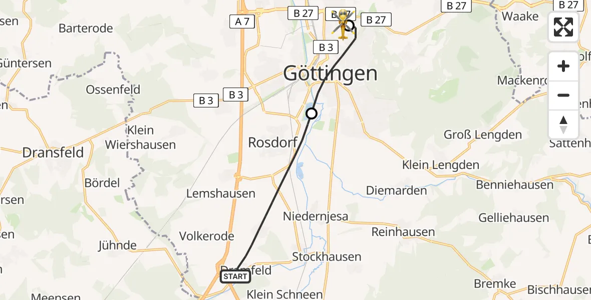 Flugroute Rettungshubschrauber Rosdorf - Göttingen University Clinic Hubschrauberlandeplatz, 12 Mai 2026, 10:26