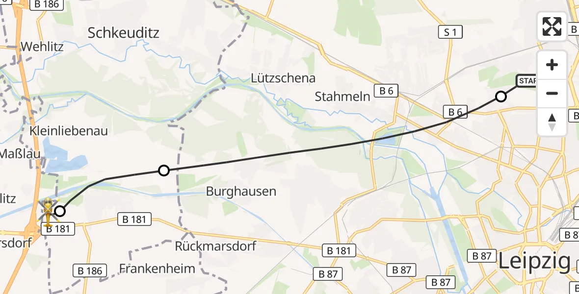 Flugroute Rettungshubschrauber Sankt Georg Hospital Leipzig Reserve - ADAC Air Rescue Station Leipzig/Schkeuditz-Dölzig Hubschrauberlandeplatz (Christoph 61), 12 Mai 2026, 10:26