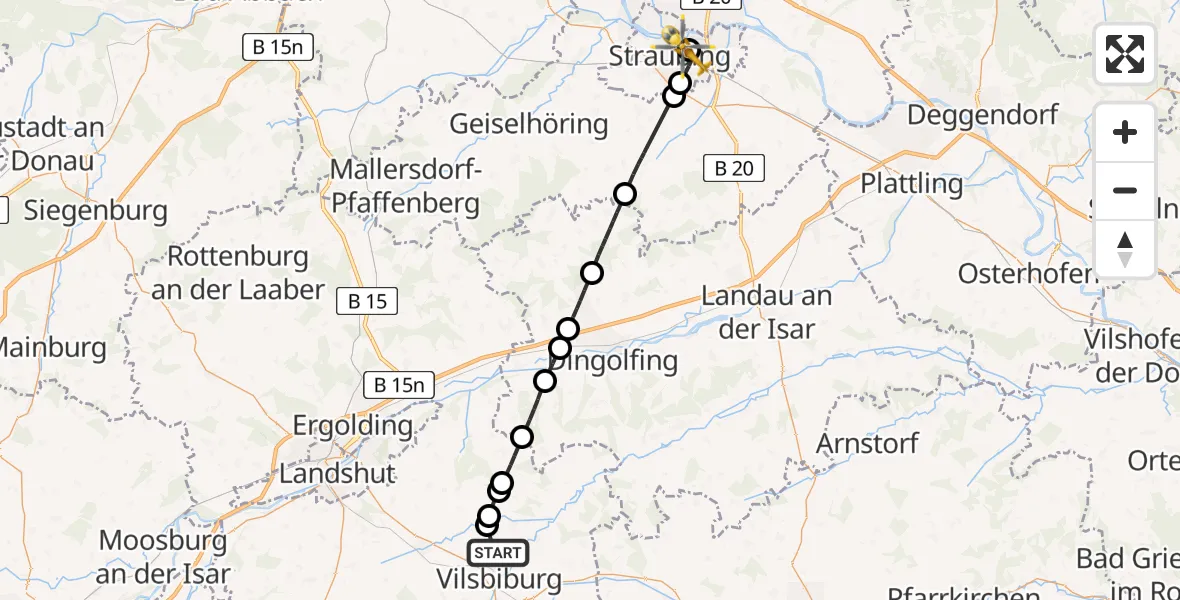 Flugroute Rettungshubschrauber Vilsbiburg - Sankt Elisabeth Hospital Straubing, 12 Mai 2026, 10:29