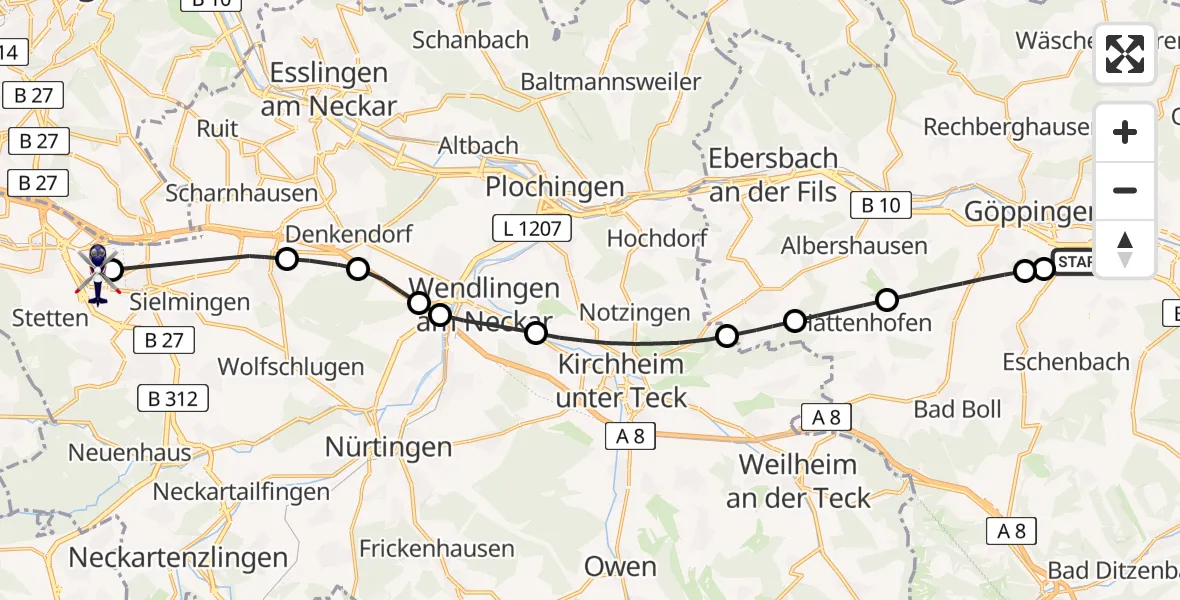 Flugroute Polizeihubschrauber Göppingen - Flughafen Stuttgart, 12 Mai 2026, 10:30