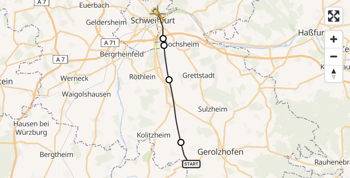 Flugroute Ambulanzhubschrauber Frankenwinheim - Leopoldina Schweinfurt City Hospital, 12 Mai 2026, 10:35