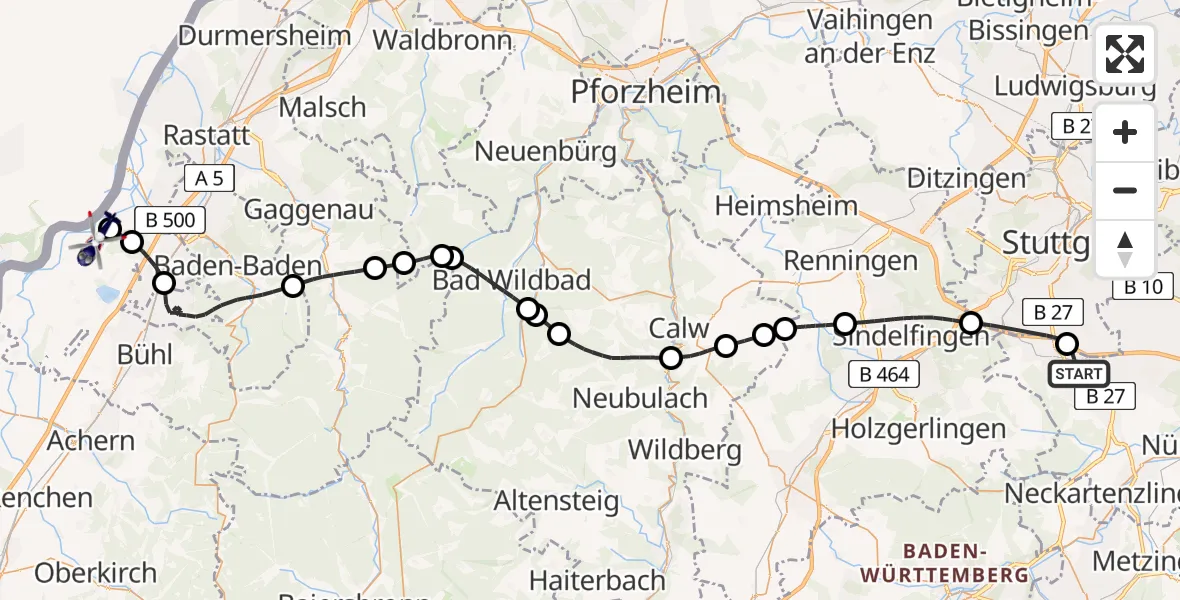 Flugroute Polizeihubschrauber Flughafen Stuttgart - Karlsruhe Baden-Baden Flughafen, 12 Mai 2026, 10:36