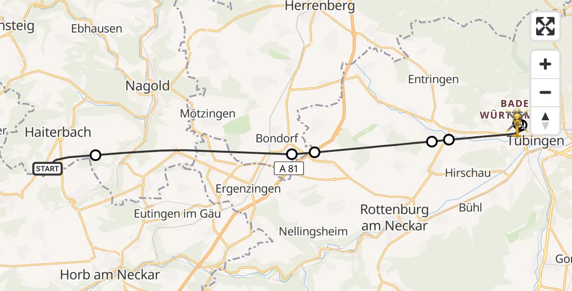 Flugroute Rettungshubschrauber Haiterbach - Tübingen University Hospital, 12 Mai 2026, 10:38