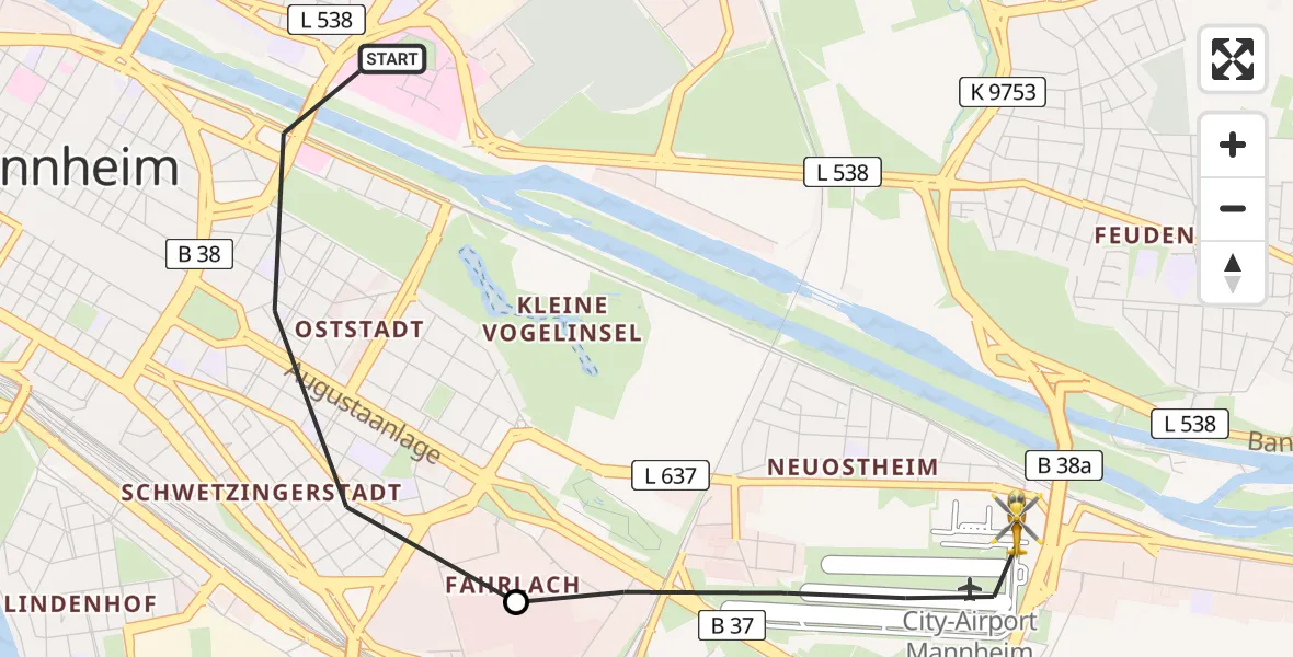 Flugroute Rettungshubschrauber Mannheim - Mannheim-City Flughafen, 12 Mai 2026, 10:43