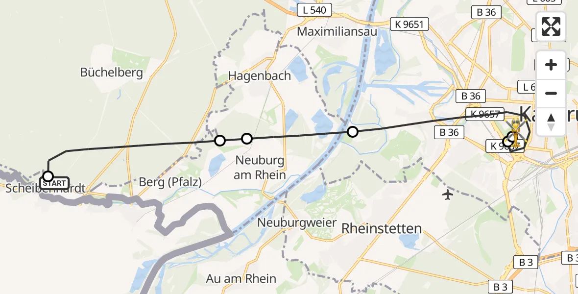 Flugroute Rettungshubschrauber Scheibenhardt - Sankt Vincentius Hospital, 12 Mai 2026, 10:47