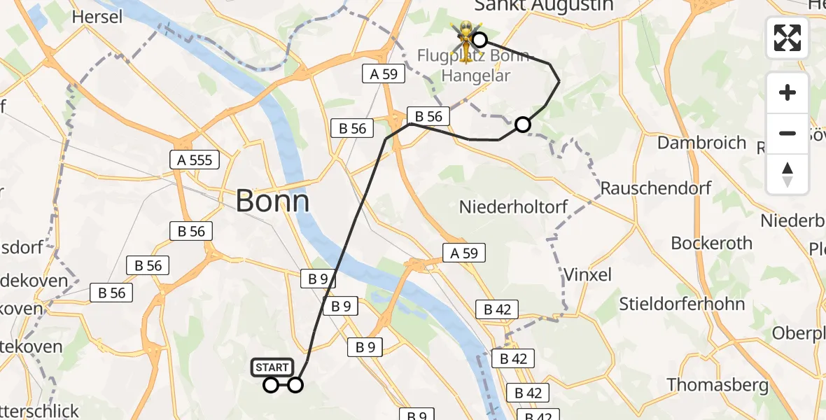 Flugroute Ambulanzhubschrauber Bonn University Hospital - Bonn-Hangelar Flugplatz, 12 Mai 2026, 11:01