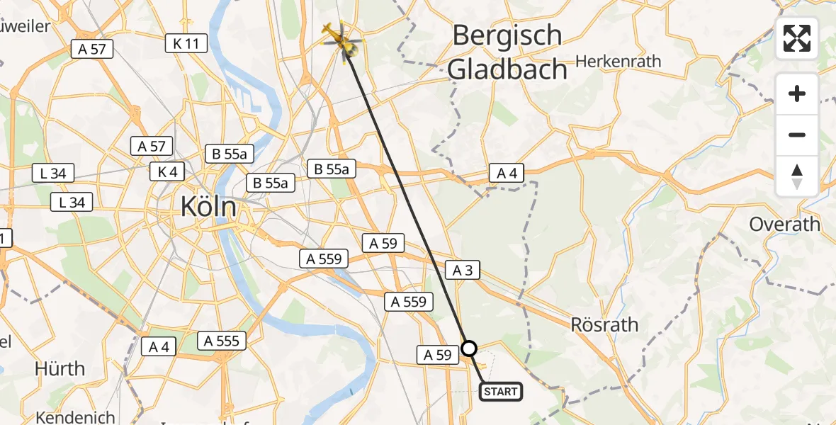 Flugroute Rettungshubschrauber Köln Bonn Flughafen - Köln, 12 Mai 2026, 11:02