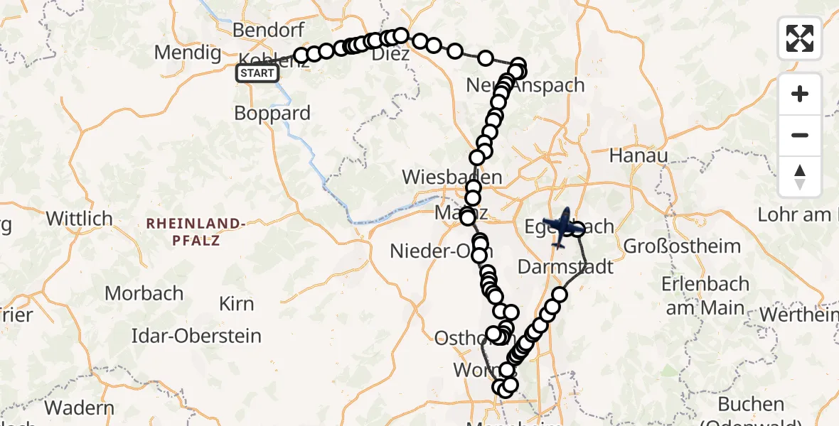 Flugroute Polizeiflugzeug Koblenz - Flughafen Frankfurt-Egelsbach, 12 Mai 2026, 11:07