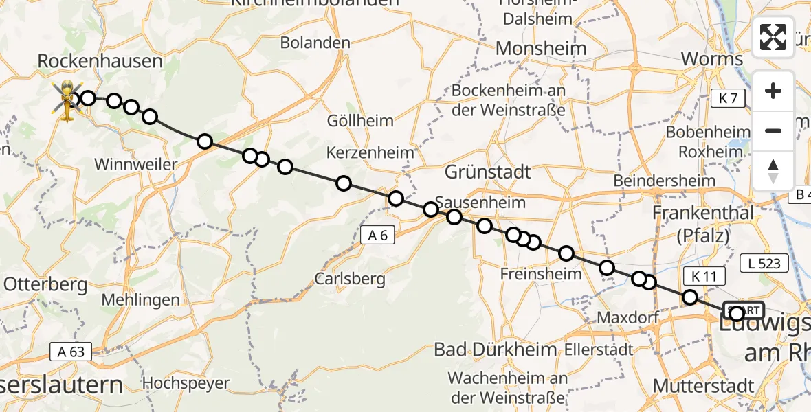 Flugroute Rettungshubschrauber Ludwigshafen Accident Hospital - Imsweiler UL, 12 Mai 2026, 11:10