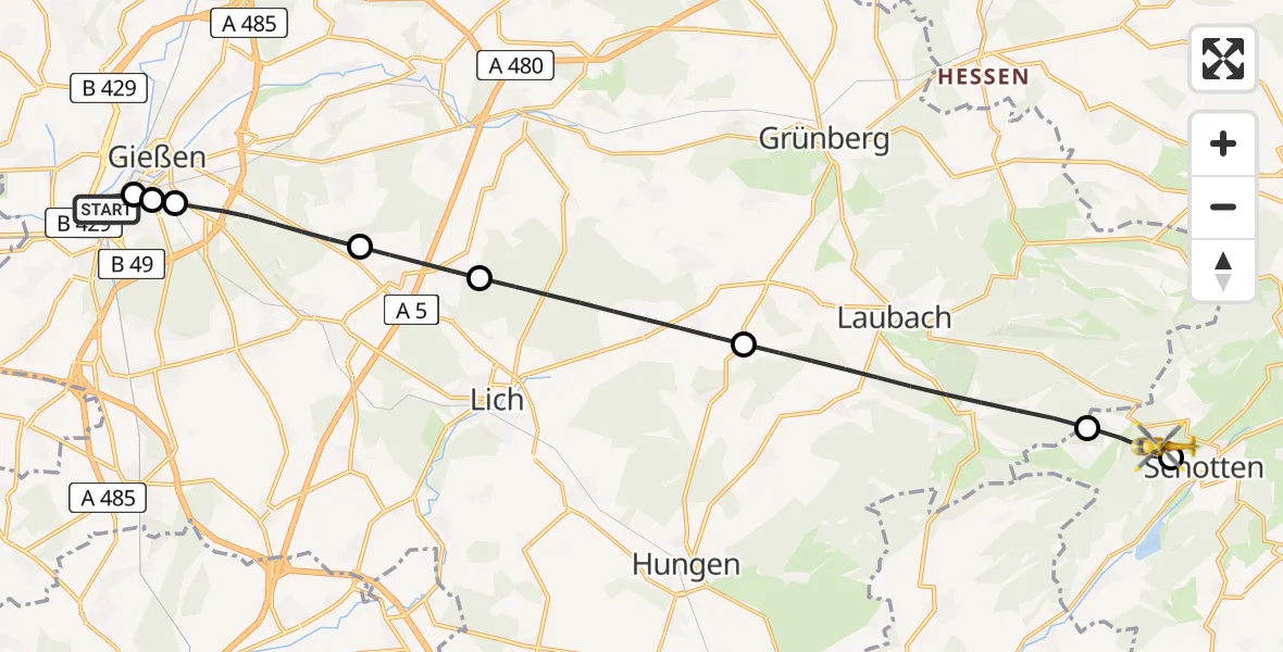 Flugroute Rettungshubschrauber Gießen - Schotten Hubschrauberlandeplatz, 12 Mai 2026, 11:15