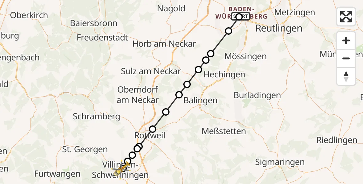 Flugroute Rettungshubschrauber Tübingen University Hospital - DRF Air Rescue Station Villingen-Schwenningen Hubschrauberlandeplatz (Christoph 11), 12 Mai 2026, 11:27