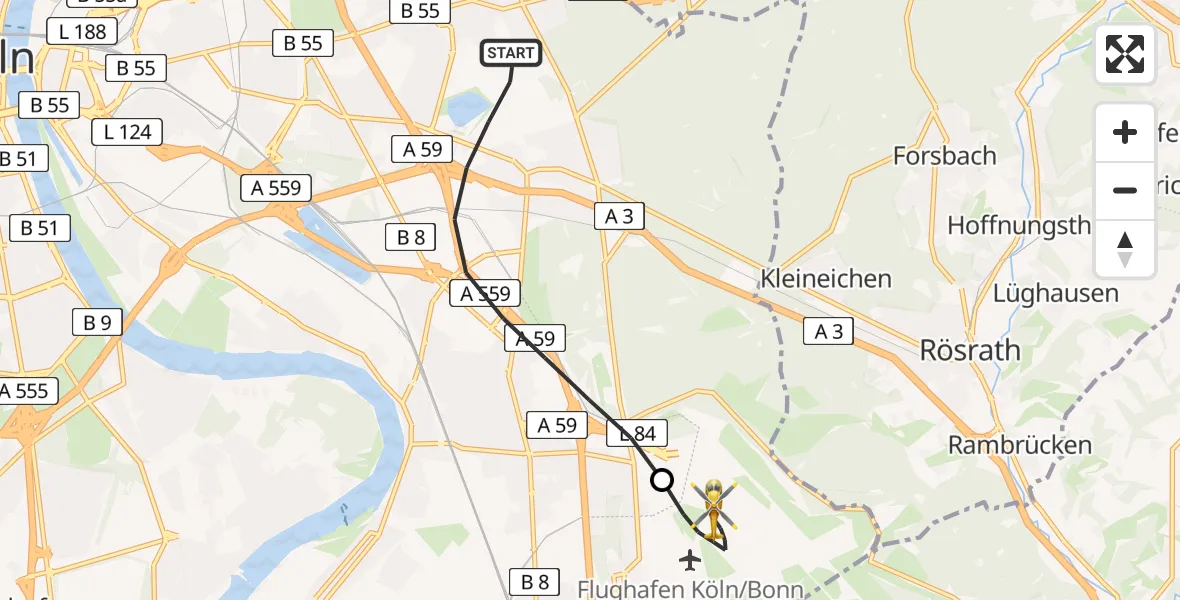Flugroute Rettungshubschrauber Köln - Köln Bonn Flughafen, 12 Mai 2026, 11:28
