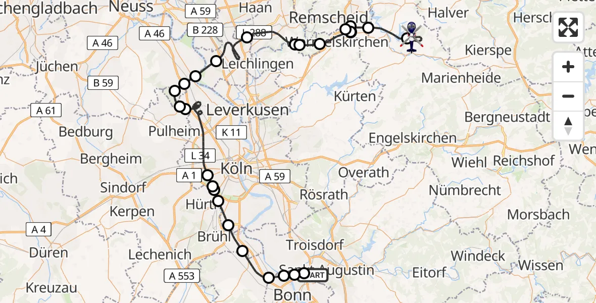 Flugroute Polizeihubschrauber Sankt Augustin - Wipperfürth, 12 Mai 2026, 11:30