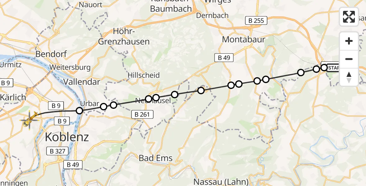 Flugroute Rettungshubschrauber Görgeshausen - Koblenz, 12 Mai 2026, 11:36