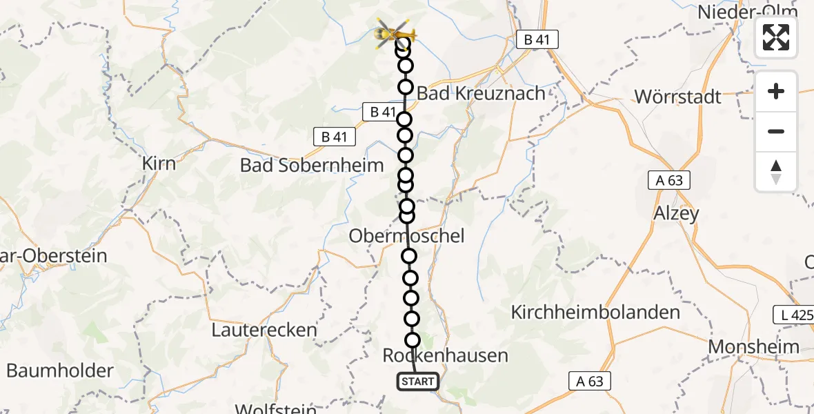 Flugroute Rettungshubschrauber Rockenhausen - Wallhausen, 12 Mai 2026, 11:48