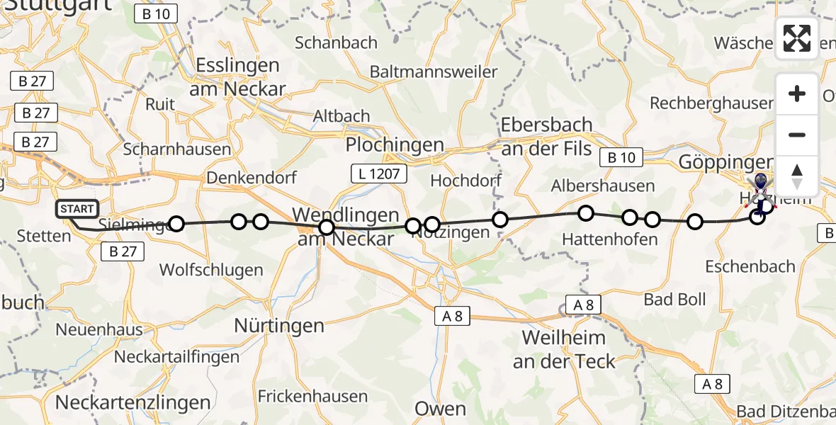 Flugroute Polizeihubschrauber Flughafen Stuttgart - Göppingen, 12 Mai 2026, 11:59