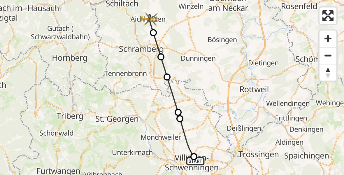 Flugroute Rettungshubschrauber DRF Air Rescue Station Villingen-Schwenningen Hubschrauberlandeplatz (Christoph 11) - Aichhalden, 12 Mai 2026, 12:05