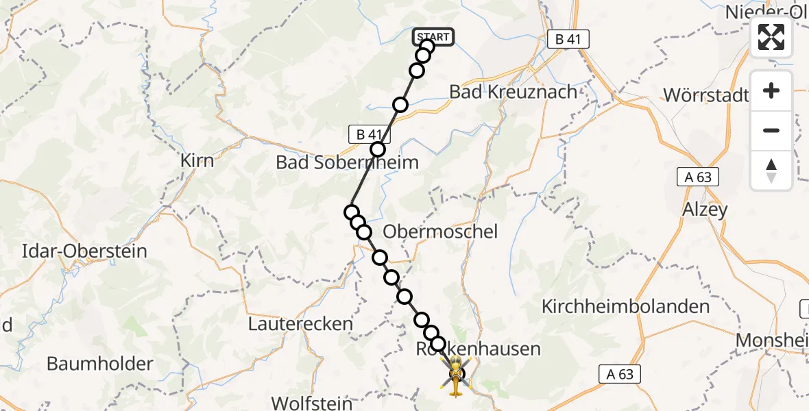 Flugroute Rettungshubschrauber Wallhausen - Imsweiler UL, 12 Mai 2026, 12:08