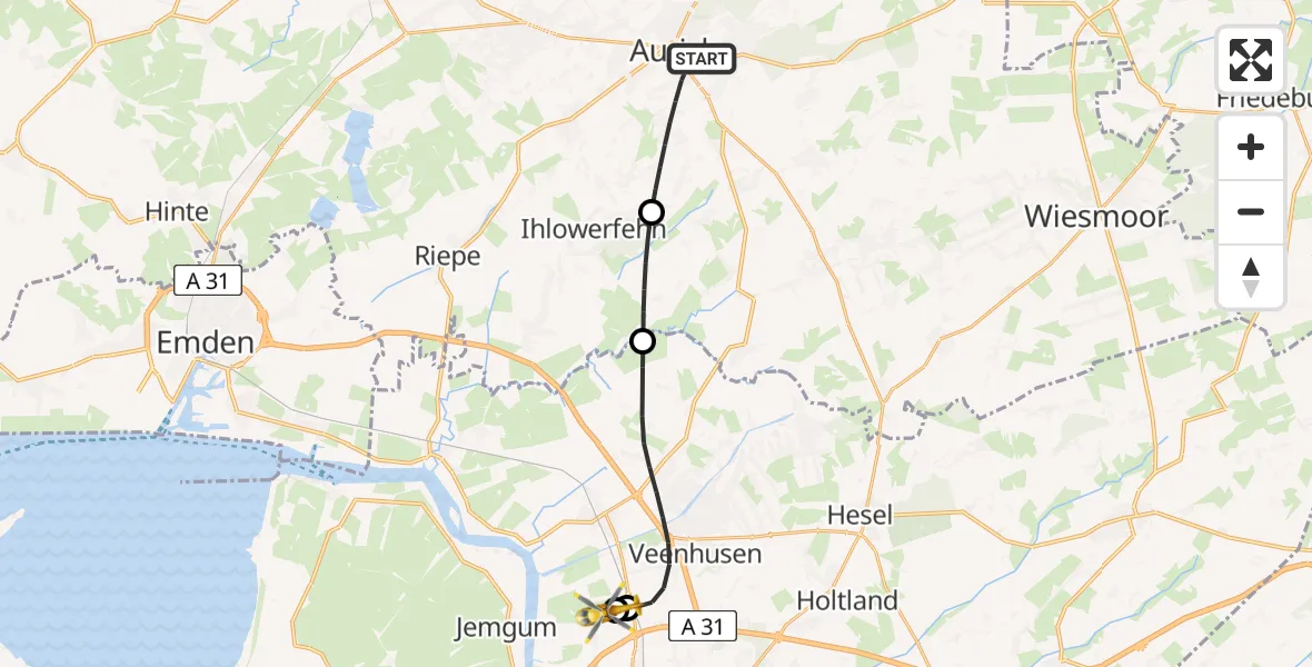Flugroute Ambulanzhubschrauber Aurich - Flugplatz Leer-Papenburg, 12 Mai 2026, 12:08