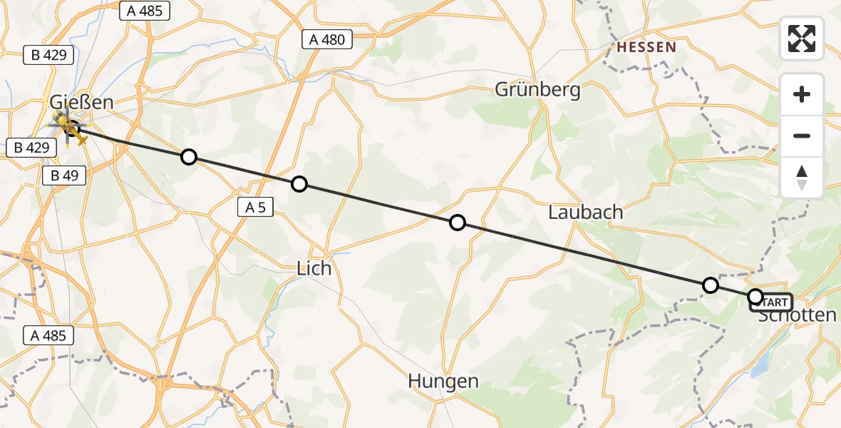 Flugroute Rettungshubschrauber Schotten Hubschrauberlandeplatz - Gießen University Hospital, 12 Mai 2026, 12:09
