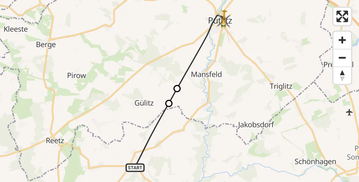 Flugroute Rettungshubschrauber Groß Pankow (Prignitz) - Putlitz, 12 Mai 2026, 12:25
