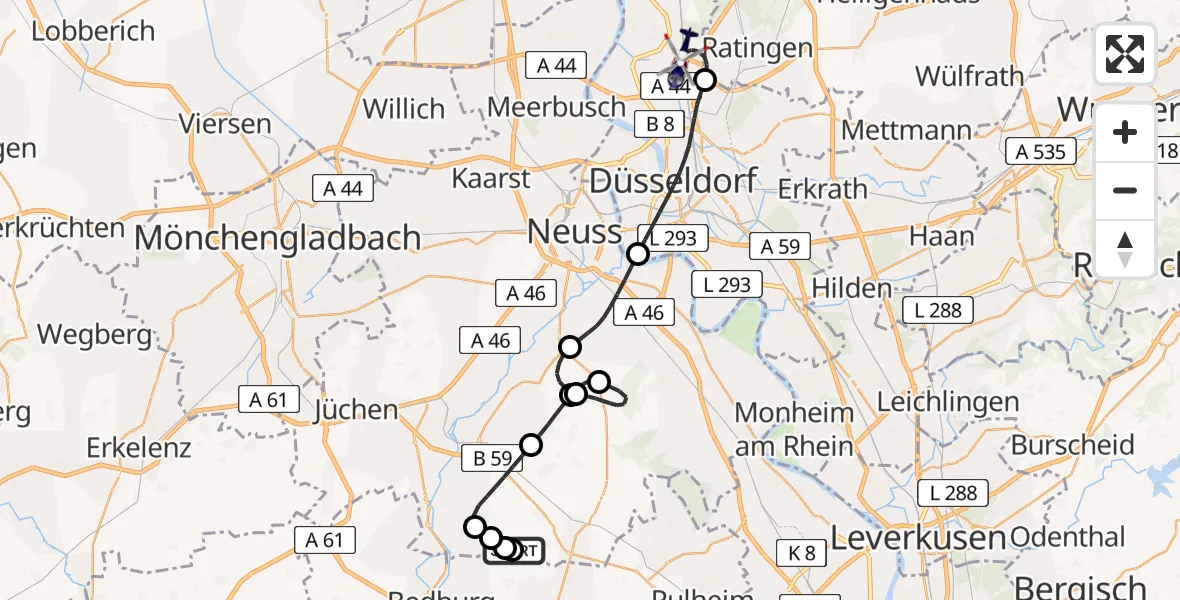 Flugroute Polizeihubschrauber Rommerskirchen - Düsseldorf Flughafen, 12 Mai 2026, 12:32