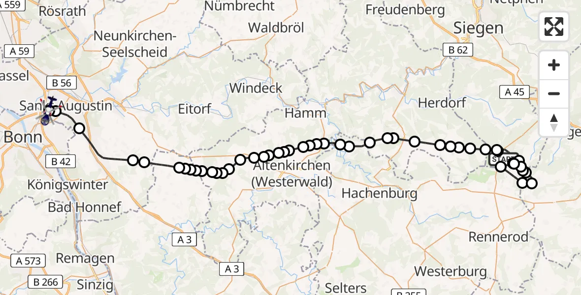 Flugroute Polizeihubschrauber Siegerland Flughafen - Sankt Augustin, 12 Mai 2026, 12:45