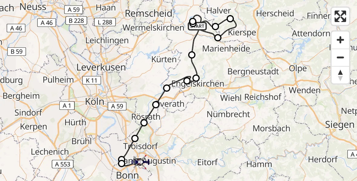 Flugroute Polizeihubschrauber Wipperfürth - Bonn-Hangelar Flugplatz, 12 Mai 2026, 12:46
