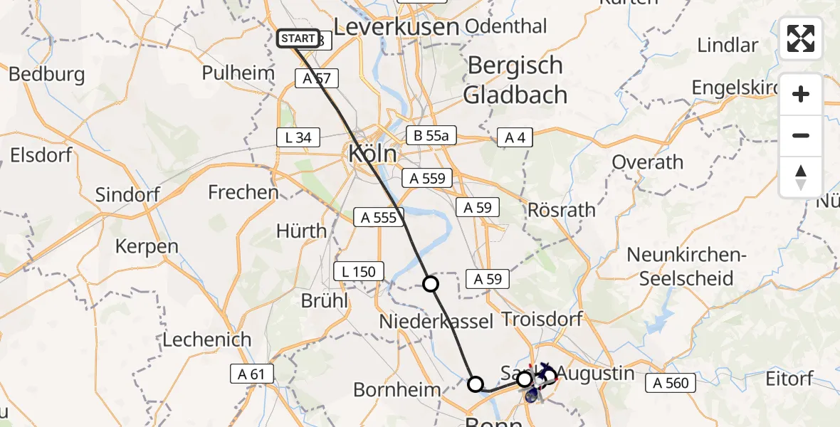 Flugroute Polizeihubschrauber Köln - Sankt Augustin, 12 Mai 2026, 12:46