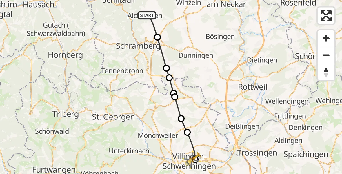 Flugroute Rettungshubschrauber Aichhalden - DRF Air Rescue Station Villingen-Schwenningen Hubschrauberlandeplatz (Christoph 11), 12 Mai 2026, 12:54
