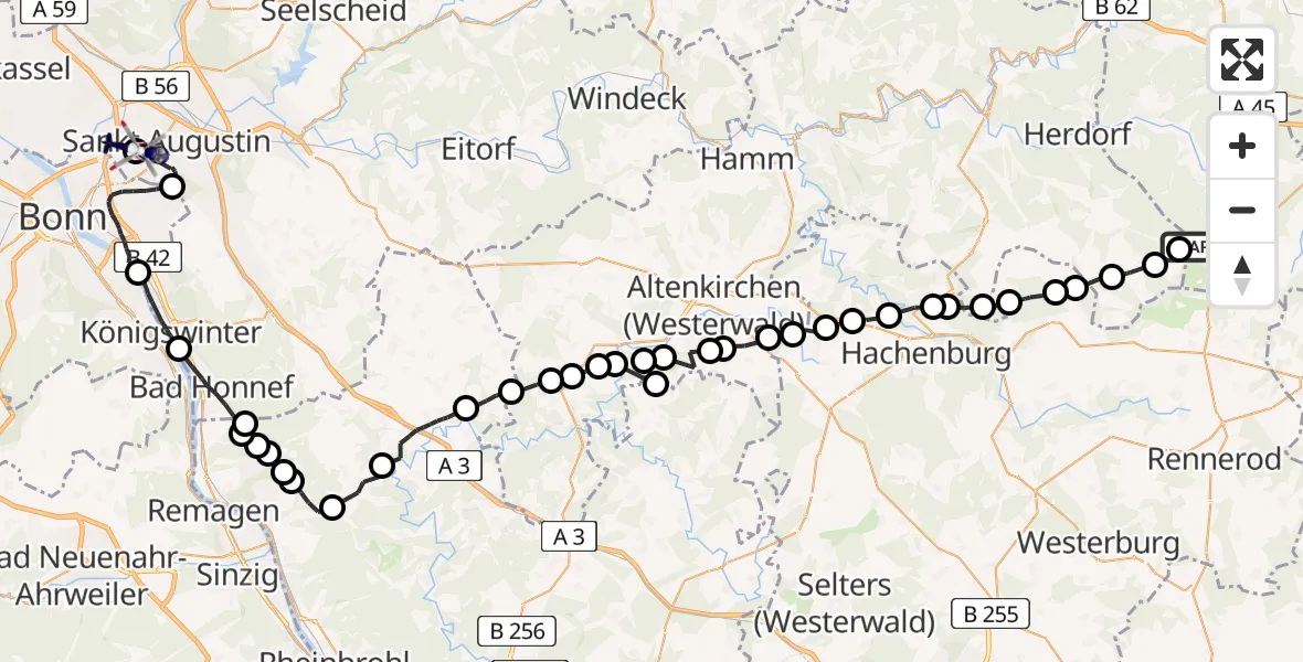 Flugroute Polizeihubschrauber Burbach - Bonn-Hangelar Flugplatz, 12 Mai 2026, 13:02