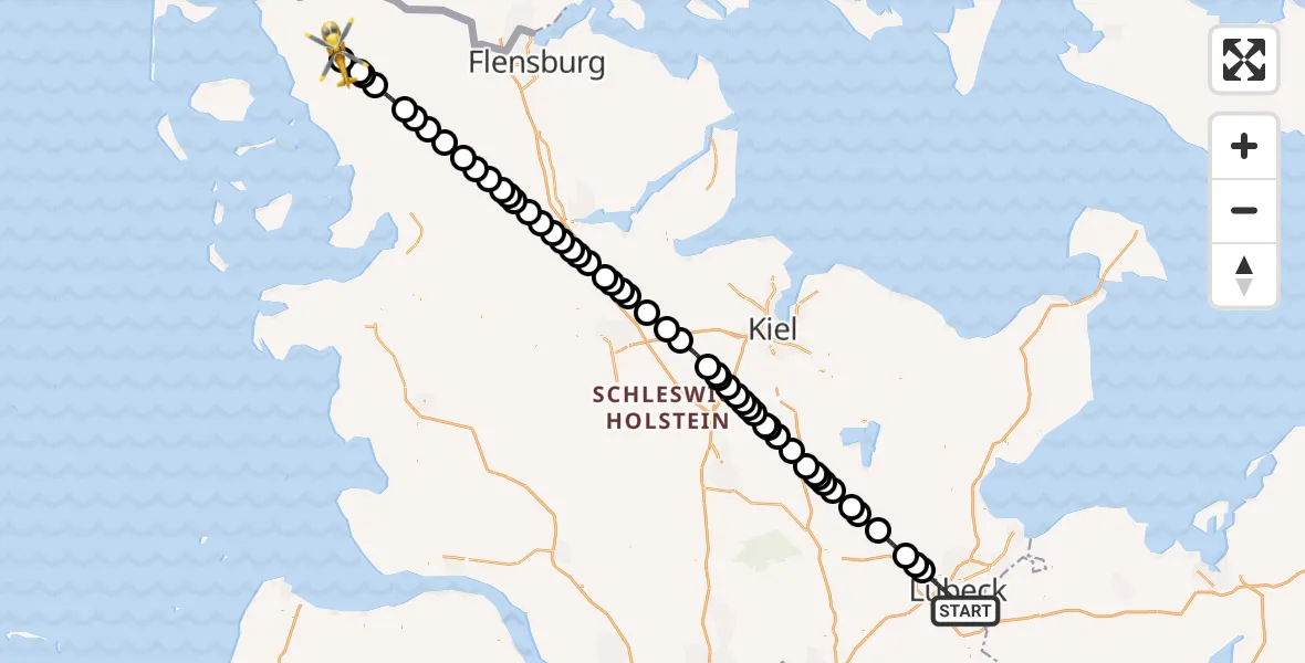 Flugroute Rettungshubschrauber Lübeck - Niebüll, 12 Mai 2026, 13:05