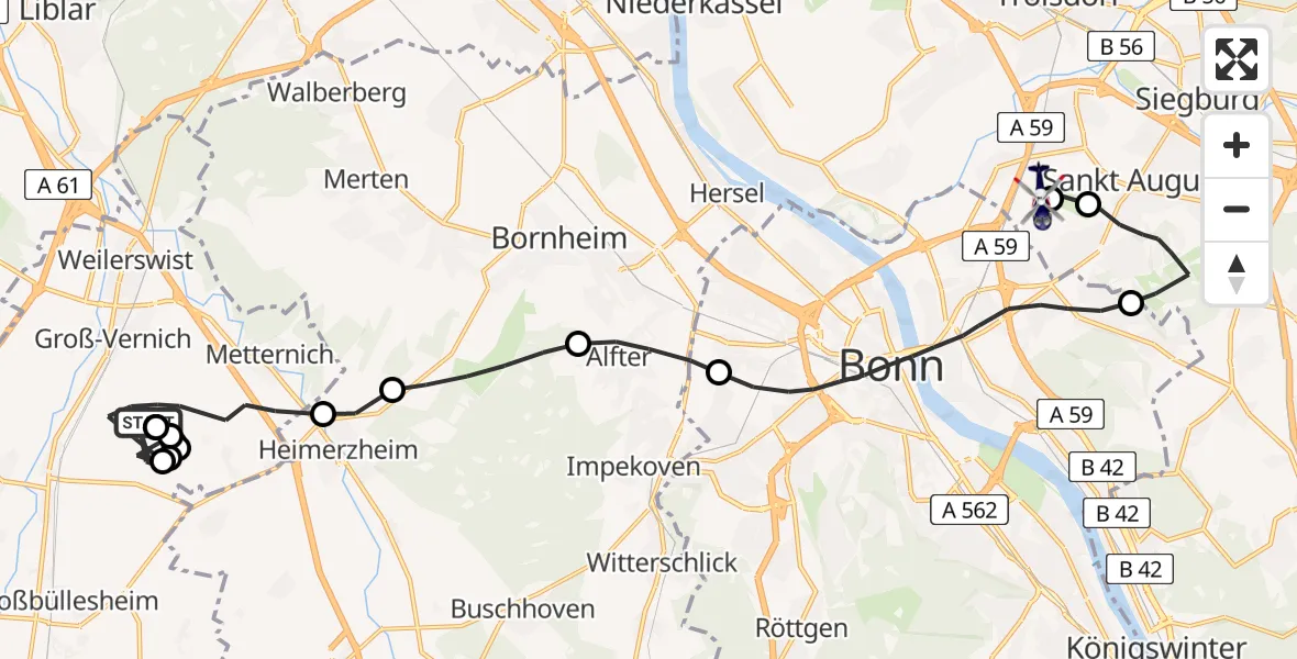 Flugroute Polizeihubschrauber Weilerswist UL - Sankt Augustin, 12 Mai 2026, 13:06