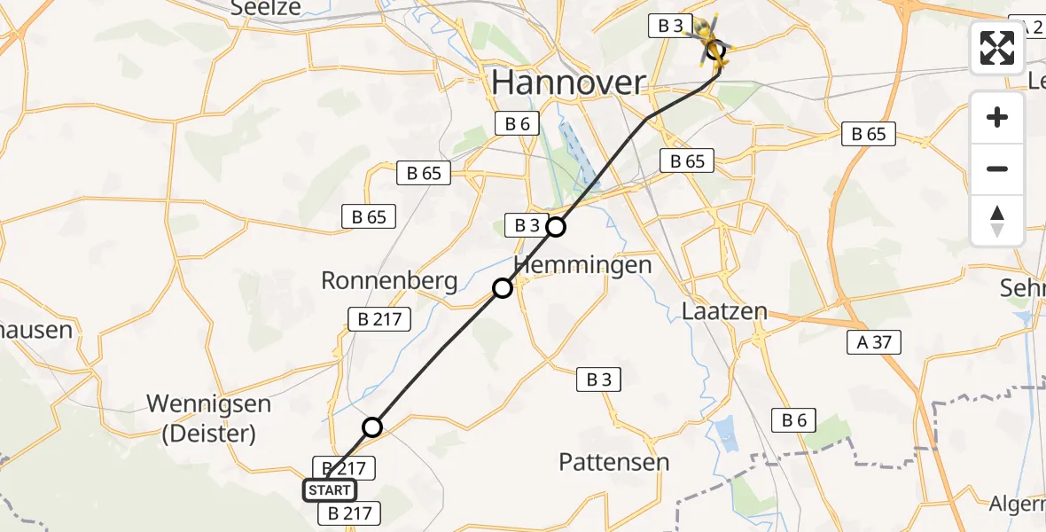Flugroute Rettungshubschrauber Wennigsen (Deister) - Hannover Luftrettung Hubschrauberlandeplatz (Christoph 4), 12 Mai 2026, 13:07