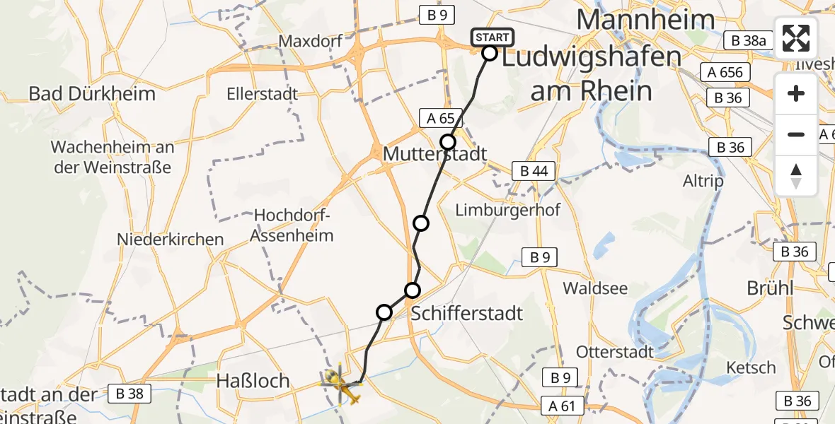 Flugroute Rettungshubschrauber Ludwigshafen Accident Hospital - Böhl-Iggelheim, 12 Mai 2026, 13:16