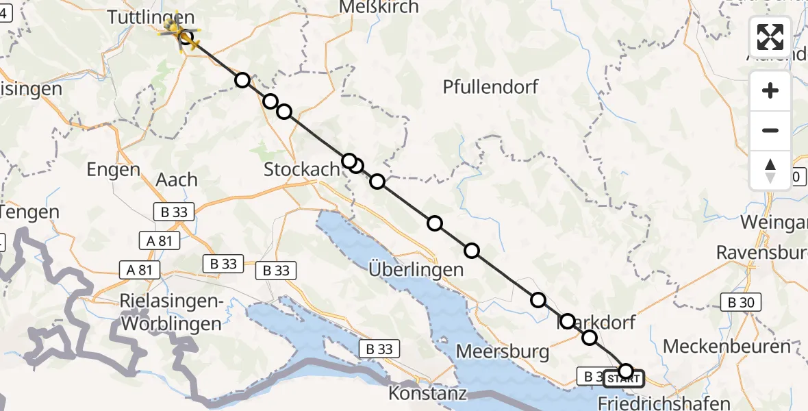 Flugroute Rettungshubschrauber Friedrichshafen Hospital - Tuttlingen, 12 Mai 2026, 13:21