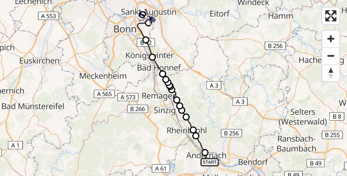 Flugroute Polizeihubschrauber Andernach - Sankt Augustin, 12 Mai 2026, 13:29