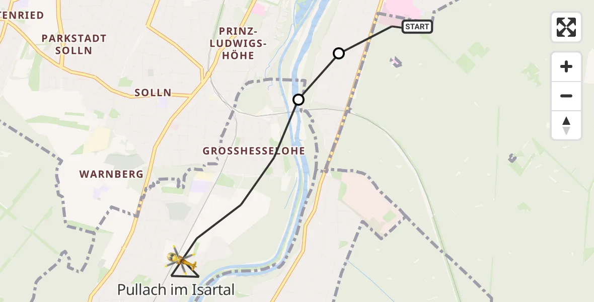 Flugroute Rettungshubschrauber ADAC Air Rescue Center Hubschrauberlandeplatz (Christoph 1) - Pullach i.Isartal, 12 Mai 2026, 13:32
