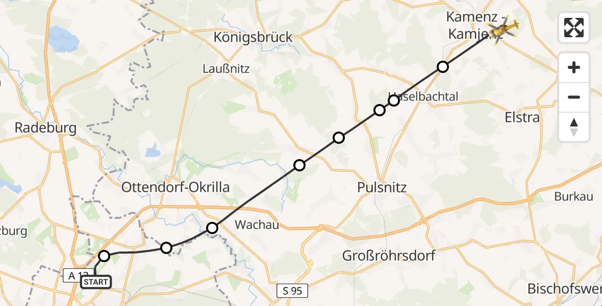 Flugroute Rettungshubschrauber Dresden Flughafen - Kamenz, 12 Mai 2026, 13:37