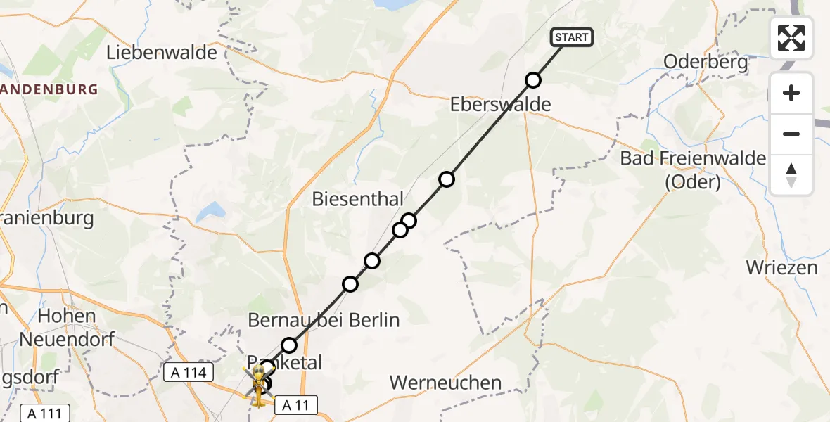 Flugroute Rettungshubschrauber Chorin - Helios Clinic Berlin-Buch, 12 Mai 2026, 13:39