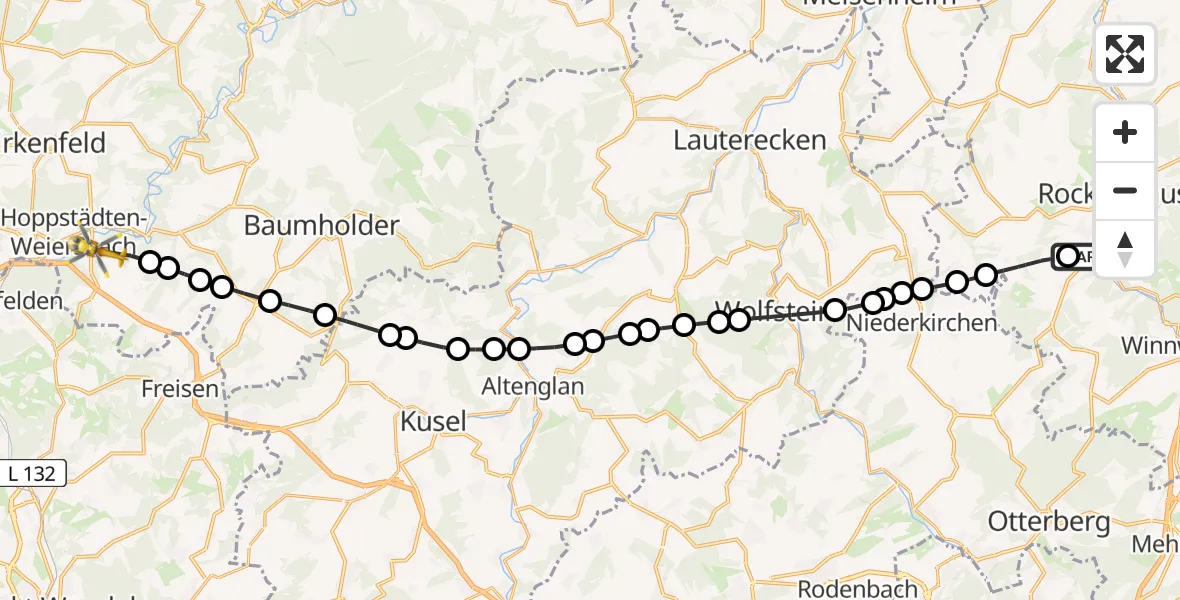 Flugroute Rettungshubschrauber Imsweiler UL - Hoppstädten-Weiersbach, 12 Mai 2026, 13:44