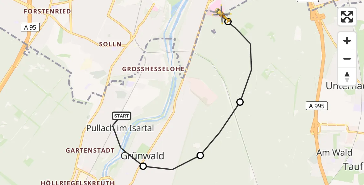 Flugroute Rettungshubschrauber Pullach i.Isartal - ADAC Air Rescue Center Hubschrauberlandeplatz (Christoph 1), 12 Mai 2026, 13:54