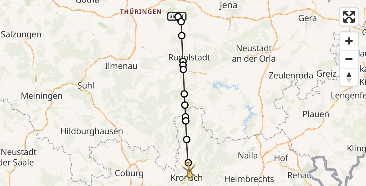 Flugroute Ambulanzhubschrauber Bad Berka Central Hospital - Kronach, 12 Mai 2026, 13:57